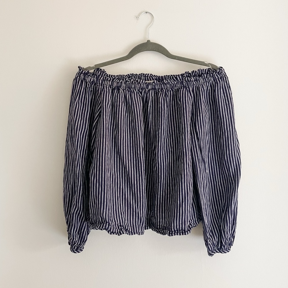 A New Day Off the Shoulder Dark Blue and white stripped long sleeve shirt. Small